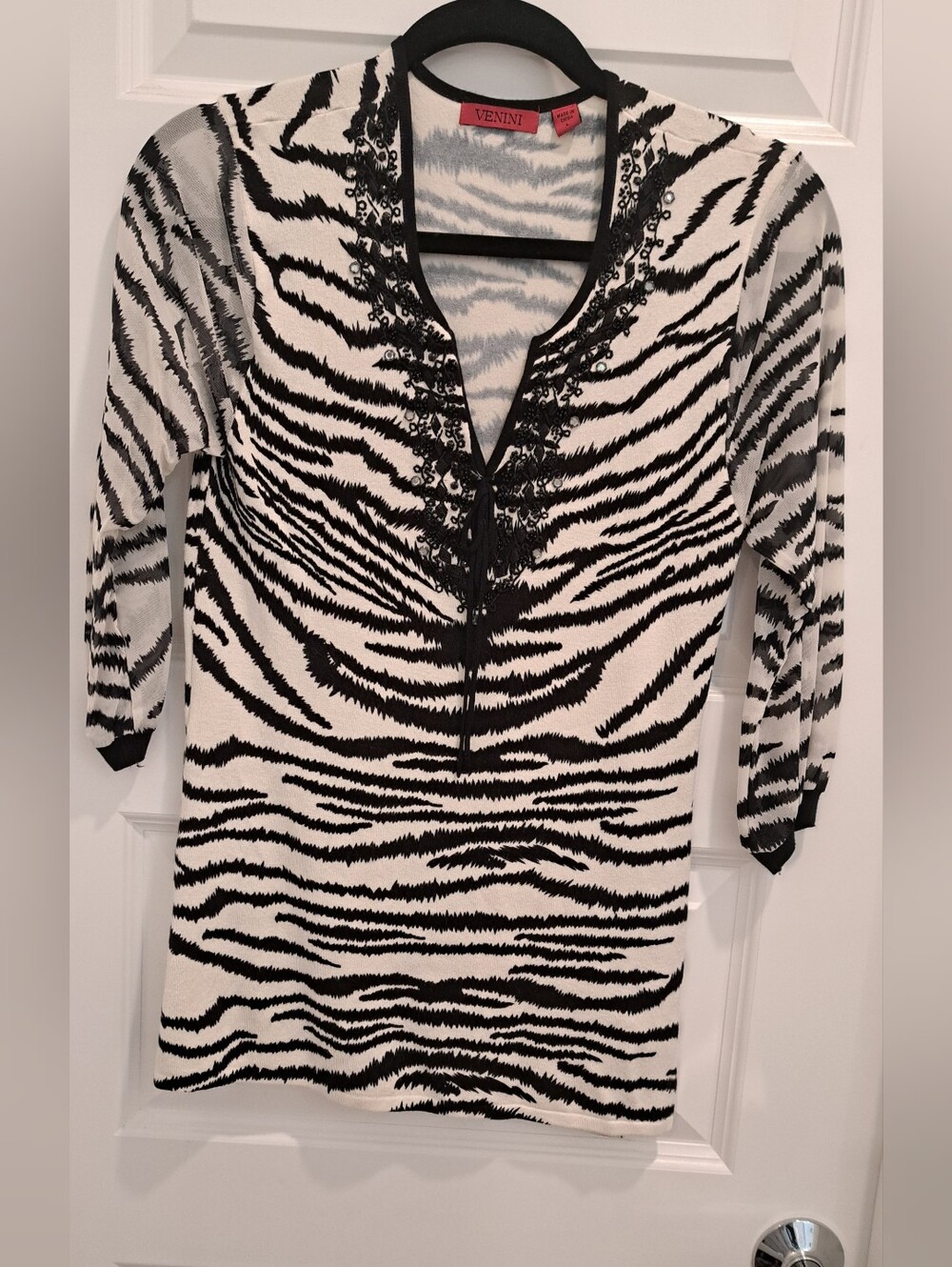 Venini Black and White Zebra-Print V-Neck Tunic